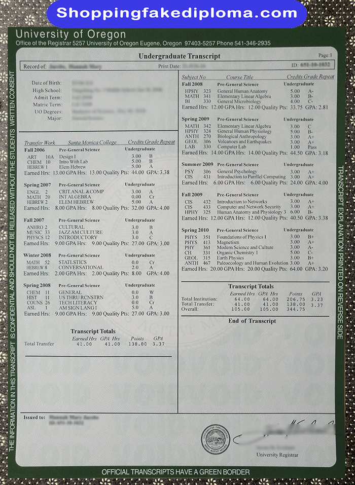 University of Oregon fake Transcript, University of Oregon certificaet