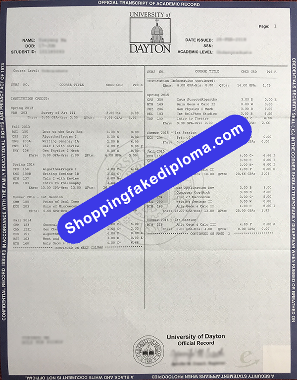 fake University of Dayton Transceipt, Buy Fake University of Dayton Transceipt